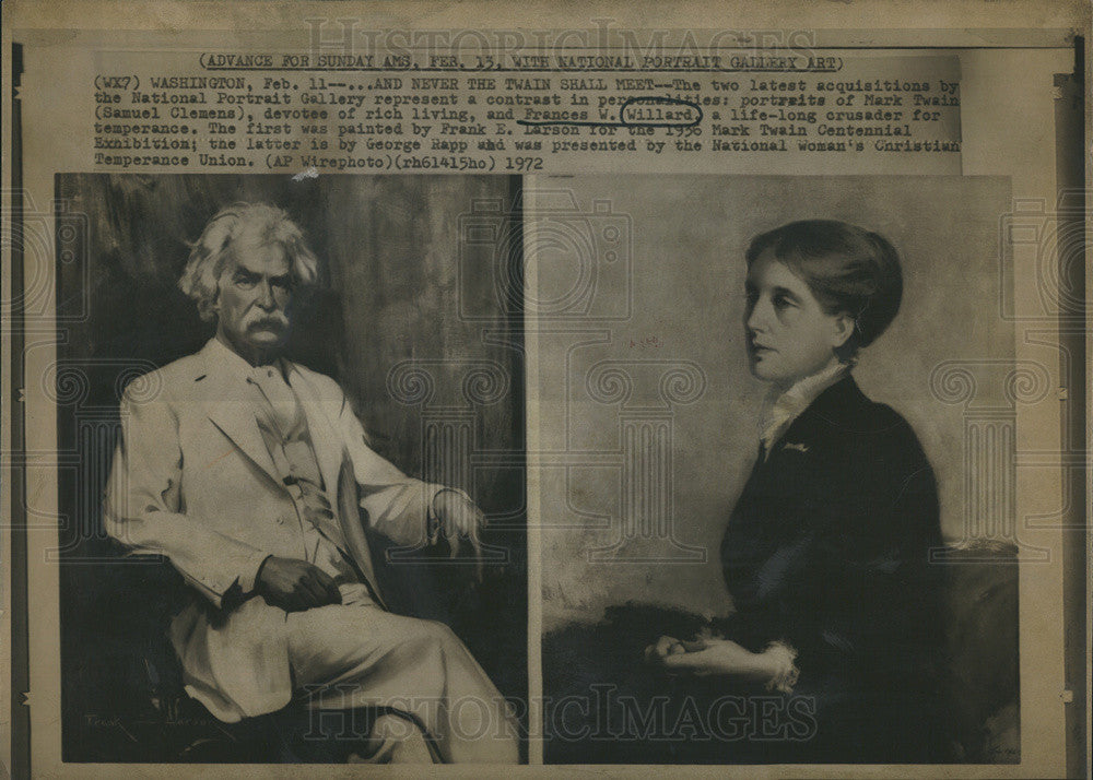 1972 Press Photo Portraits of mark Twain and Frances W. Williard - Historic Images