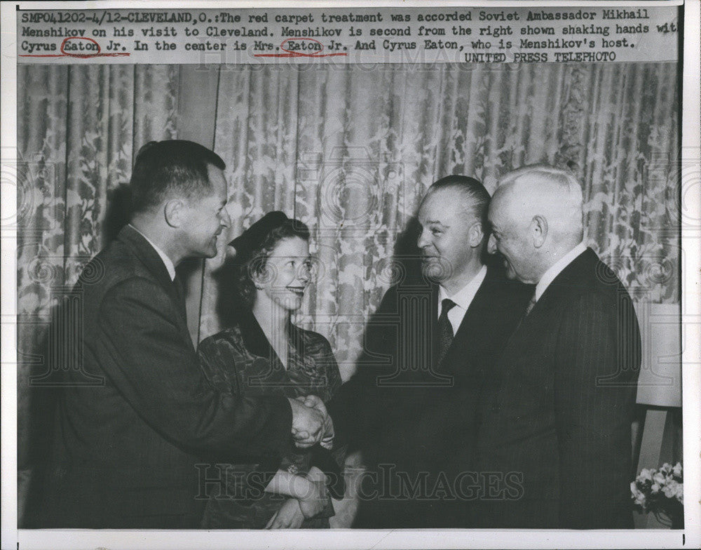 1958 Press Photo Soviet Ambassador Mikhail Menshikov Cleveland Visit Cyrus Eaton - Historic Images