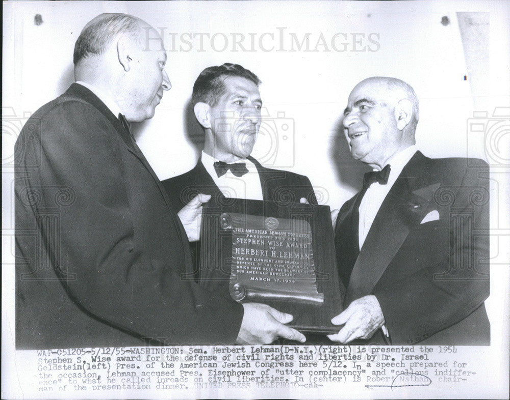 1955 Press Photo Sen. Herbert Lehman Presented Award By Dr. Israel Goldstein - Historic Images