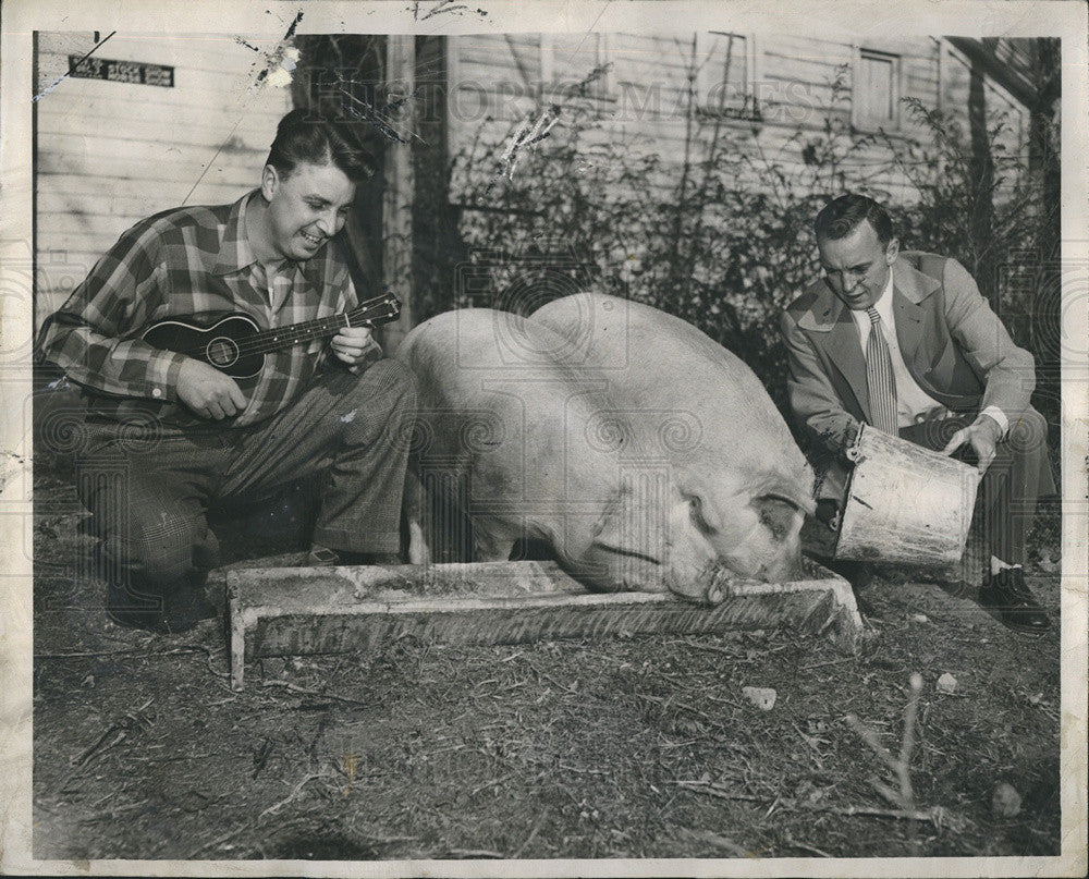 1949 Press Photo Hots Michels Plays Banjo While Hal White Feeds City Raised Hogs - Historic Images