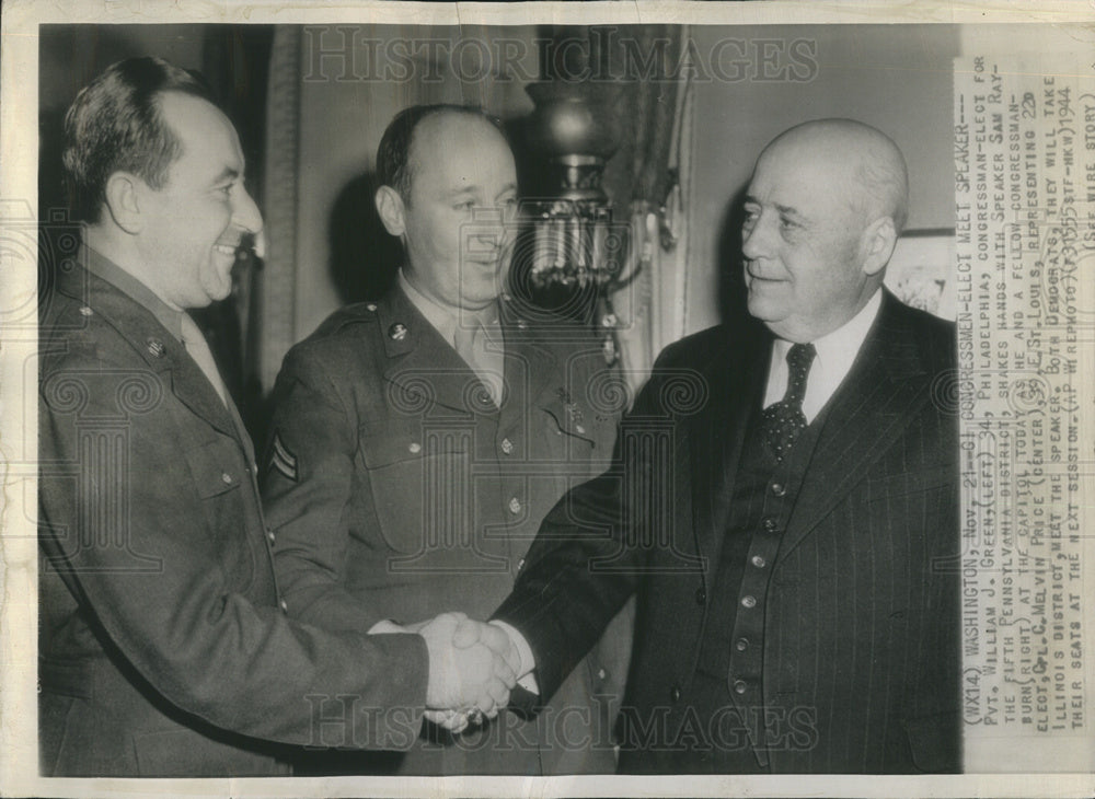 1944 Pvt. William Green shakes hands with Speaker Sam Rayburn - Historic Images