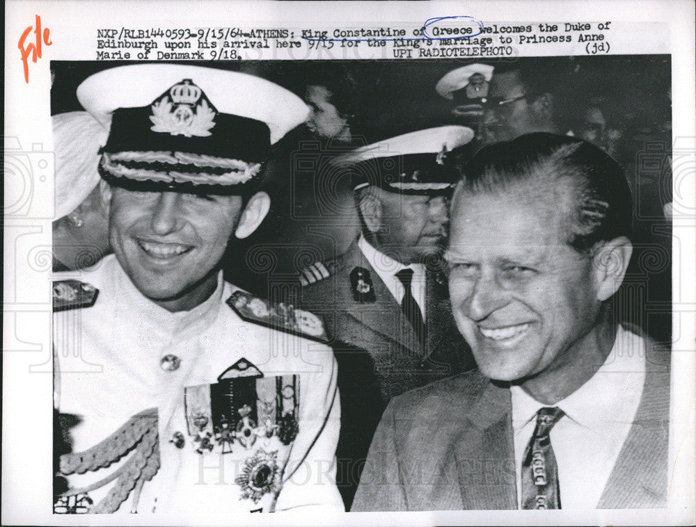 1964 Press Photo of Greek King Constantine with wedding guest Duke of Edinburgh - Historic Images