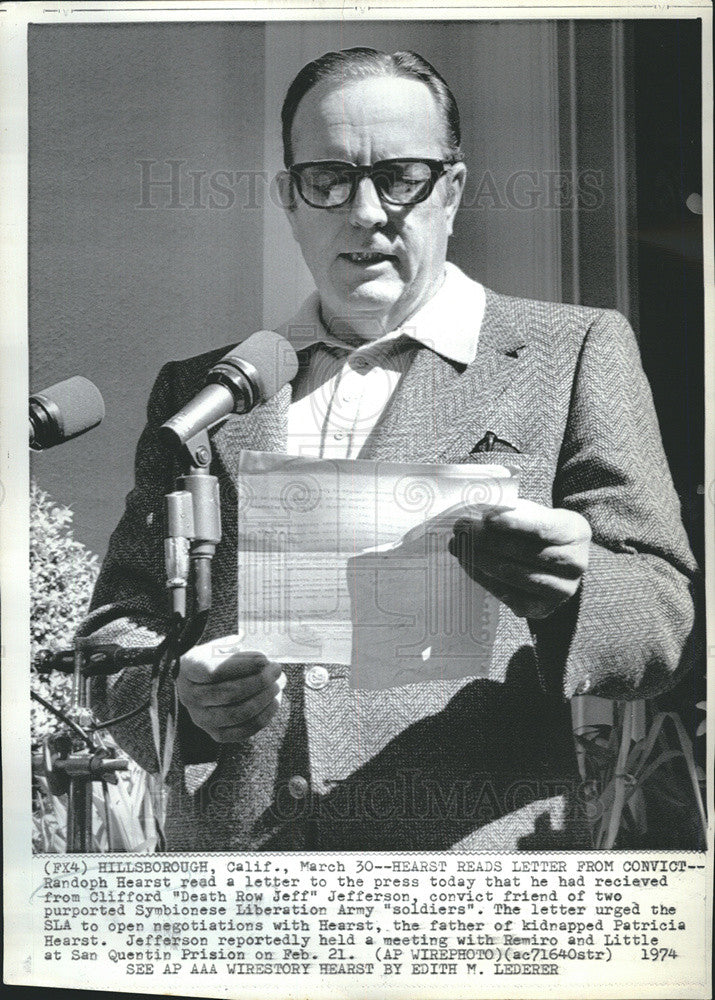 1974 Press Photo Randolph Hearst Father of Kidnapped Patricia Hearst - Historic Images