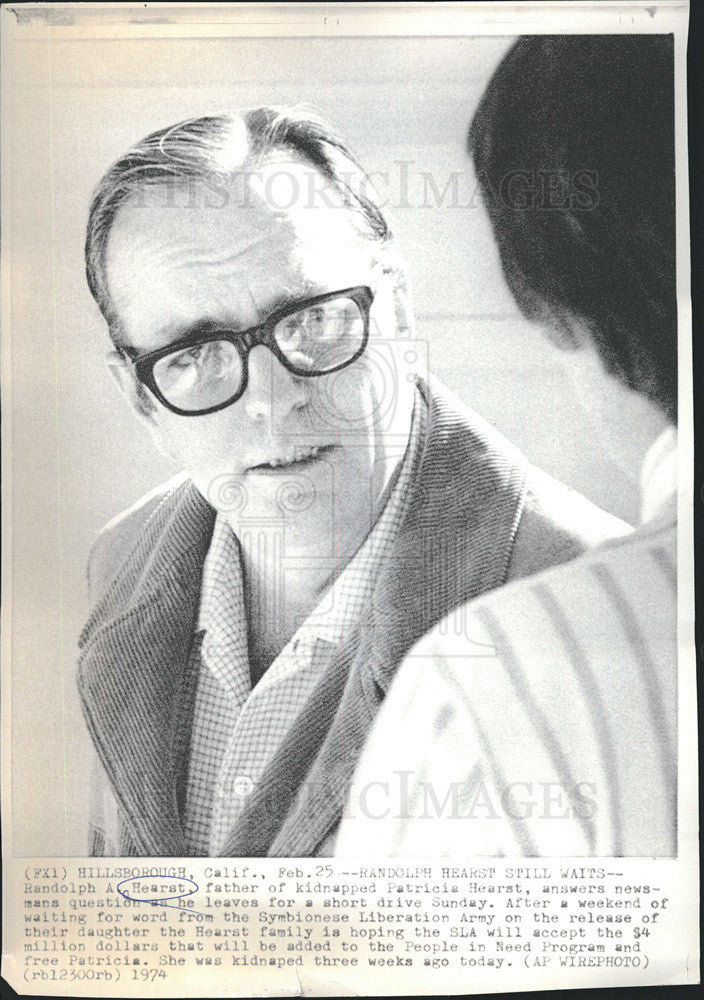 1974 Press Photo Randolph Hearst, Father Of Kidnap Victim, Patricia Hearst - Historic Images