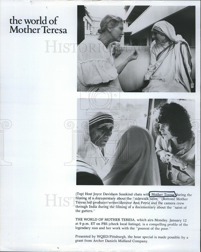 1981 Press Photo Host Joyce Davidson Susskind Mother Teresa documentary - Historic Images