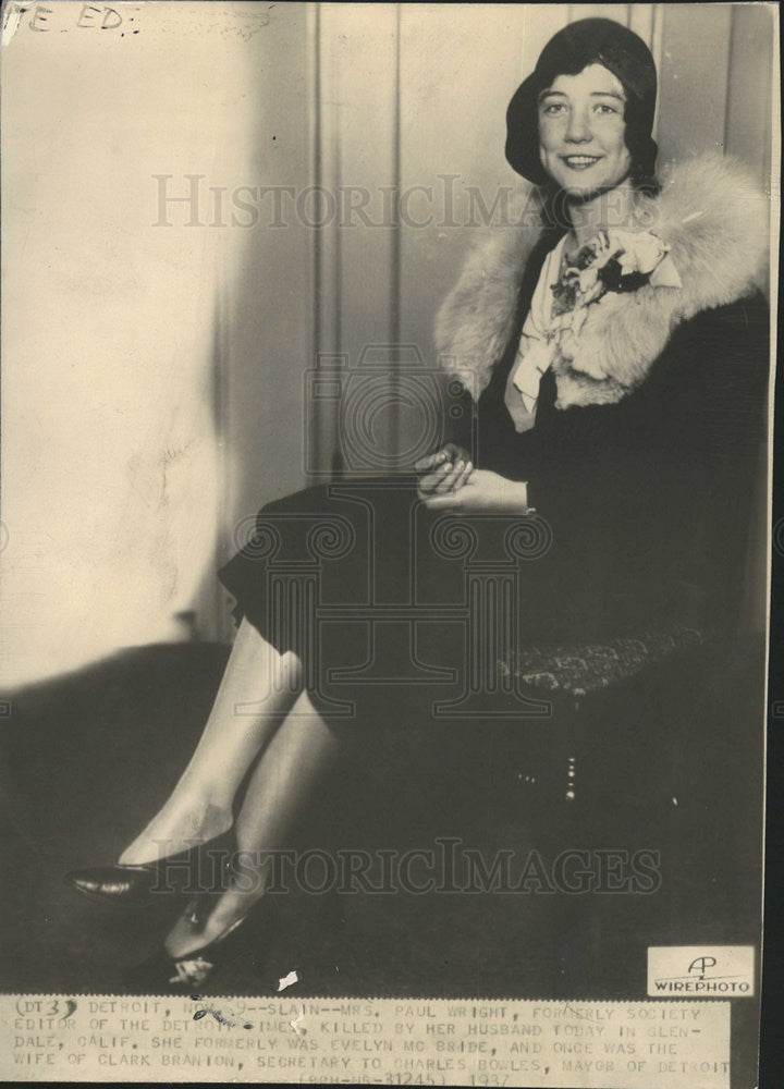 1937 Press Photo Mrs. Paul Wright Former Society Editor Detroit Times - Historic Images