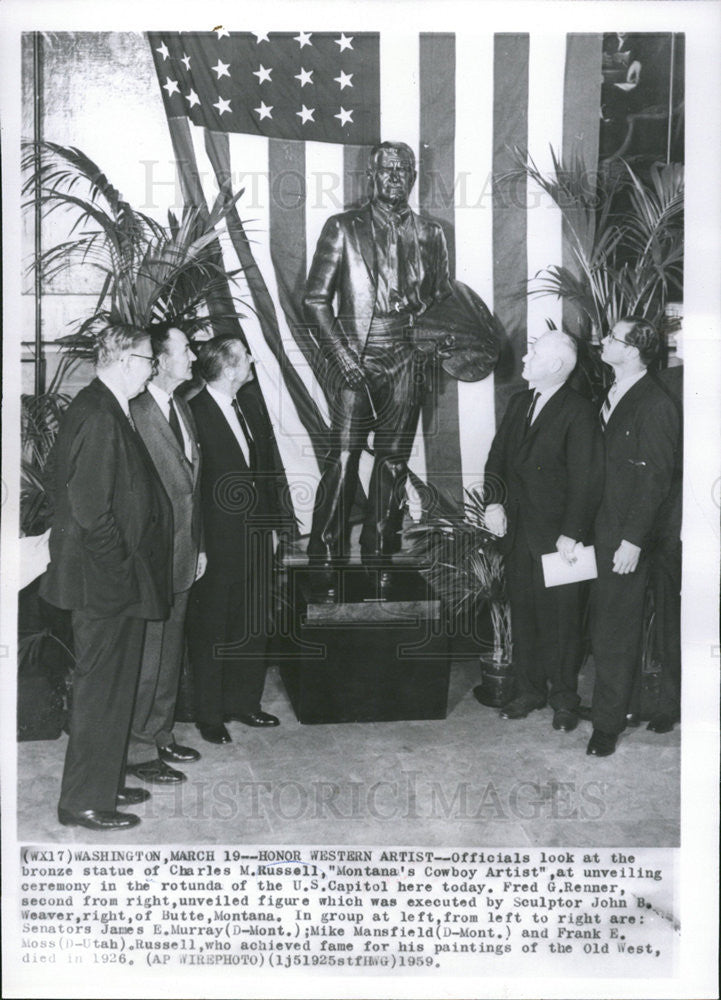 1959 Press Photo Statue of Charles Russell &quot;Montana&#39;s Cowboy artist&quot; - Historic Images