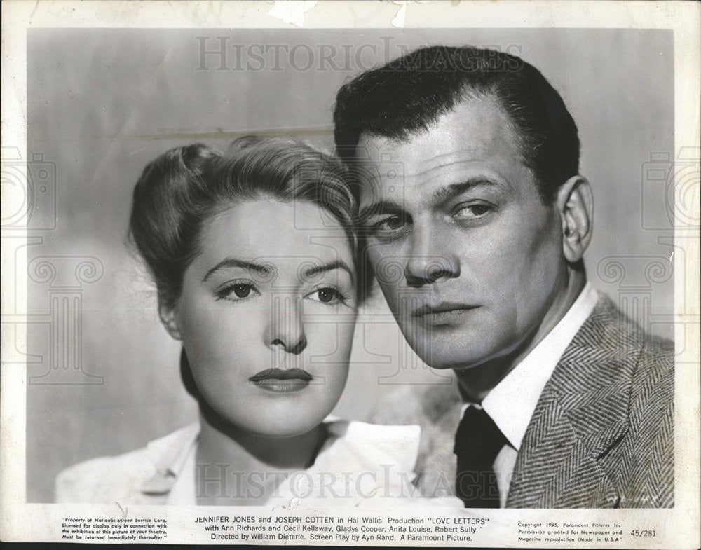 1945 Press Photo Actor & Actress Joseph Cotten and Jennifer Jones Love Letters - Historic Images