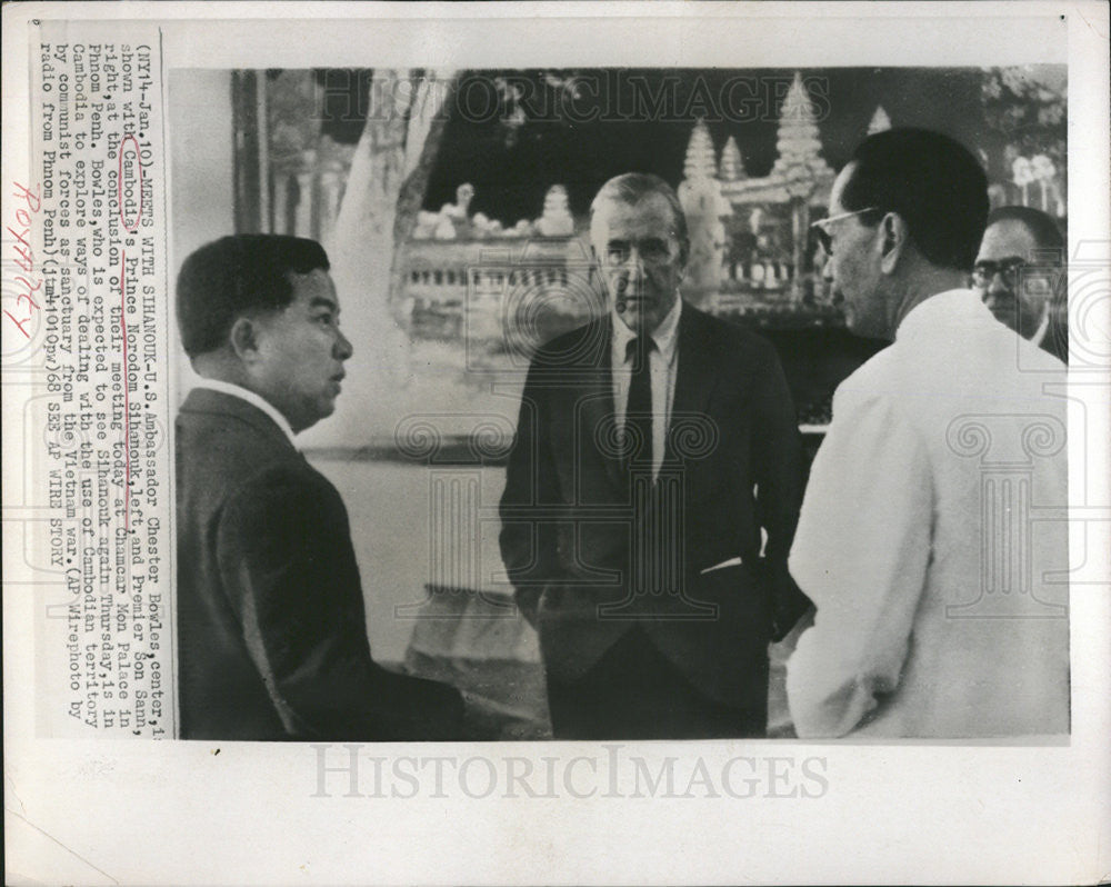 1968 Press Photo Ambassador Bowles Prince Sihanouk Premier Sann Cambodia - Historic Images