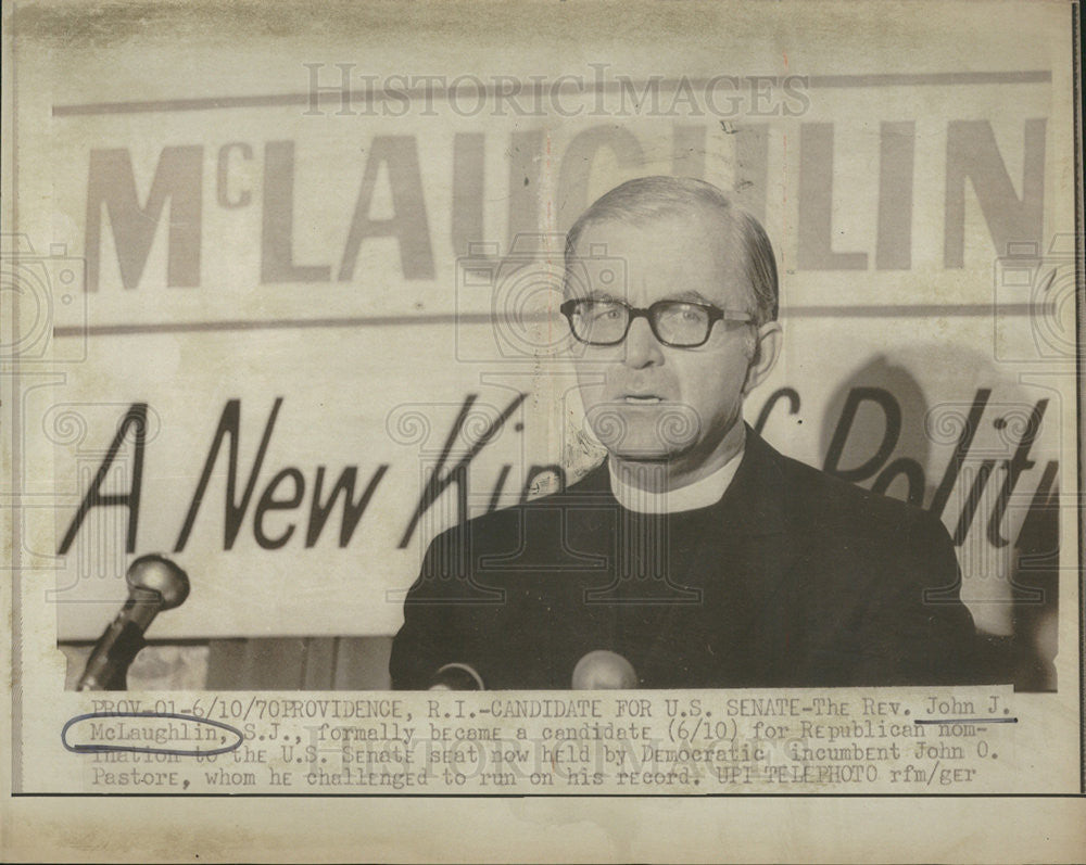 1970 Press Photo The Rev John J McLaughlin R.I. candidate for US Senate - Historic Images