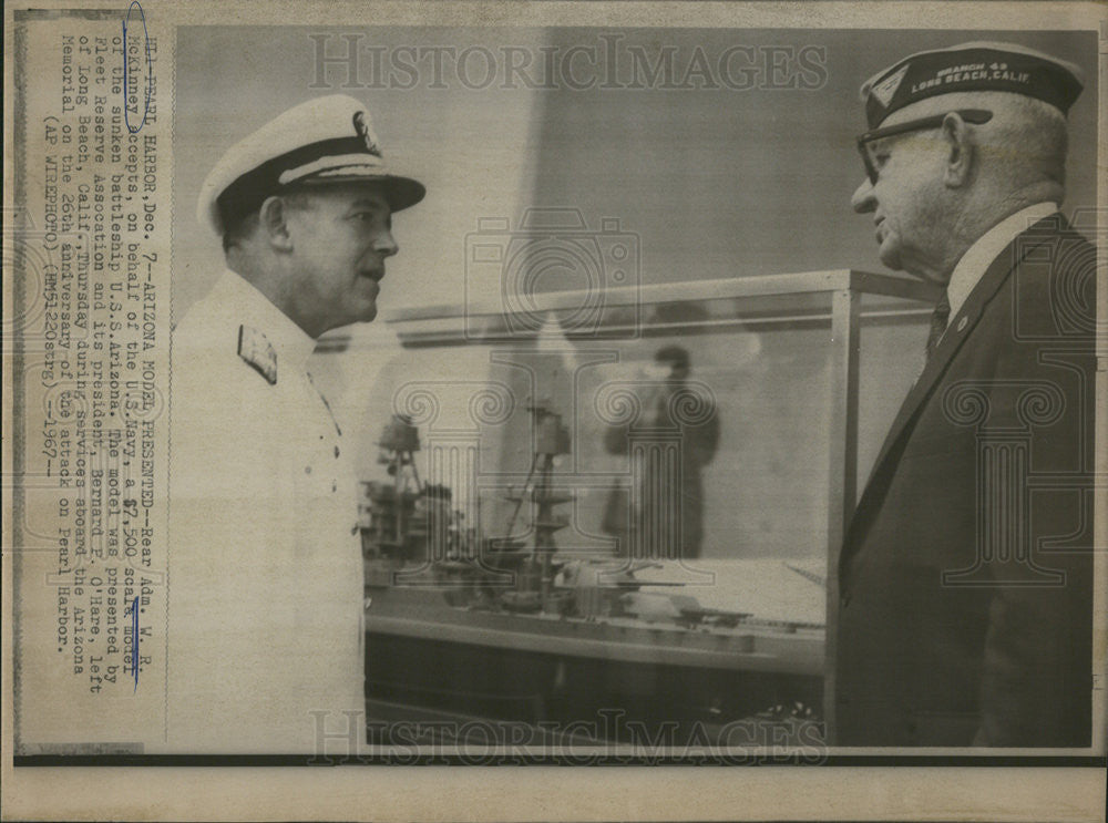 1967 Press Photo Admiral McKinney US Navy Scale Model USS Arizona - Historic Images