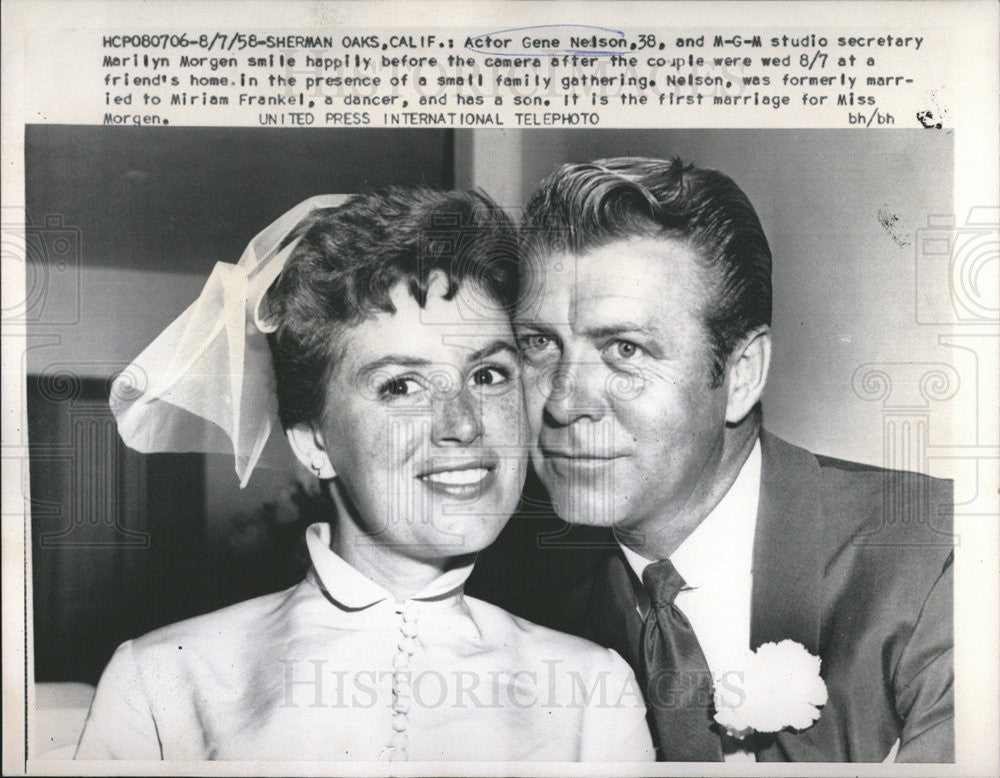 1958 Press Photo Actor Gene Nelson &amp; MGM studio secretary Marilyn Morgan Wedding - Historic Images