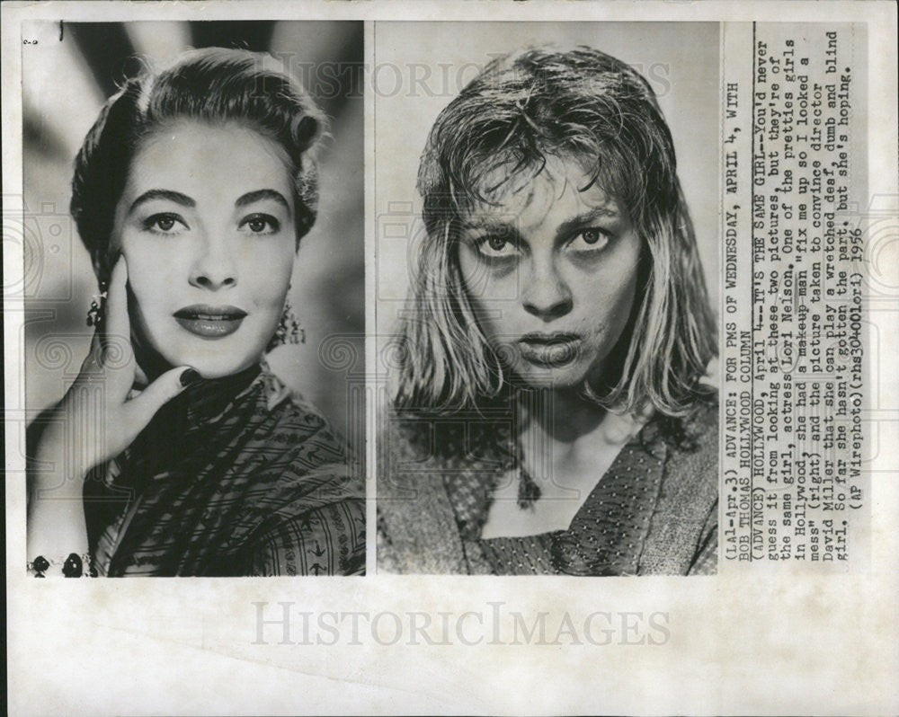 1956 Press Photo Actress Lori Nelson in make-up for a part as deaf, dumb &amp; blind - Historic Images