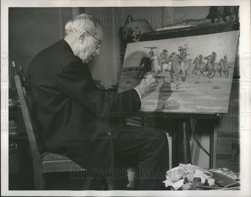 1953 Press Photo Albert Reid painting in his New York hotel room - Historic Images