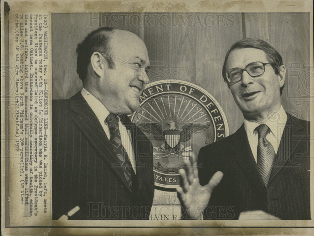 1972 Press Photo Melvin Laird Elliot Richardson Richard Nixon Pentagon Meeting - Historic Images