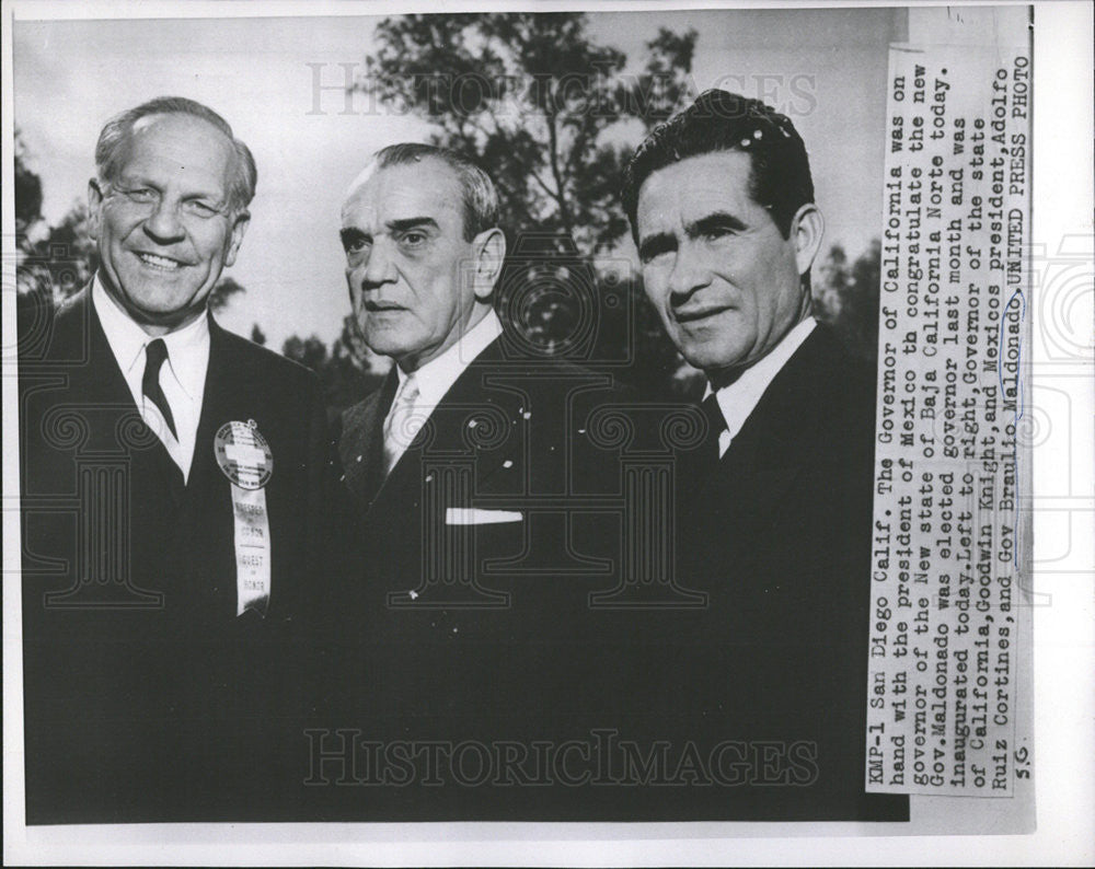 1953 Press Photo Gov Goodwin Knight, President Adolfo Ruiz, Gov Braula Maldonado - Historic Images