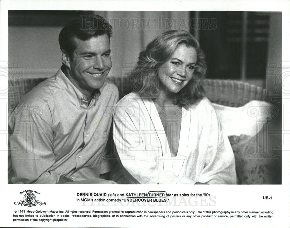 1990 Press Photo Dennis Quaid Kathleen Turner MGM undercover Blues - Historic Images