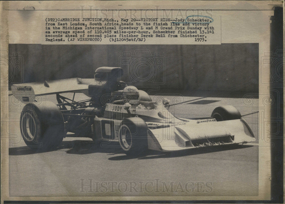 1973 Press Photo Jody Scheckter South Africa finish line Michigan International - Historic Images