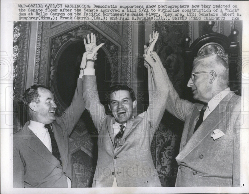 1957 Press Photo Hubert Humphrey Frank Church Paul Duglas Democratic Senator - Historic Images