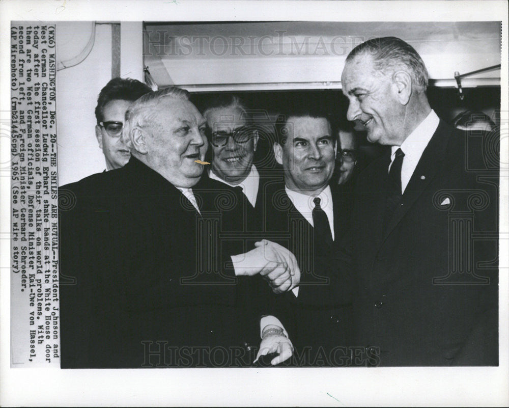 1965 Press Photo President Lyndon Johnson Ludwig Erhard West German Chancellor - Historic Images