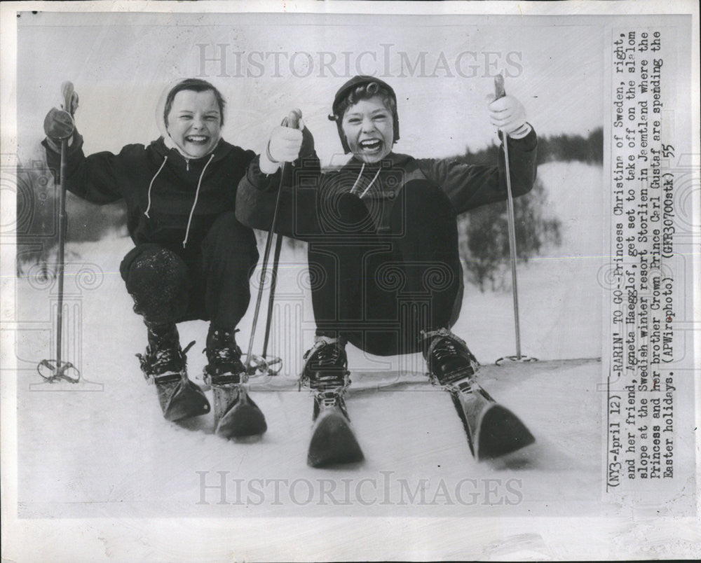 1955 Press Photo Princess Christina Sweden friend Agneta Haegglof slalom slope - Historic Images