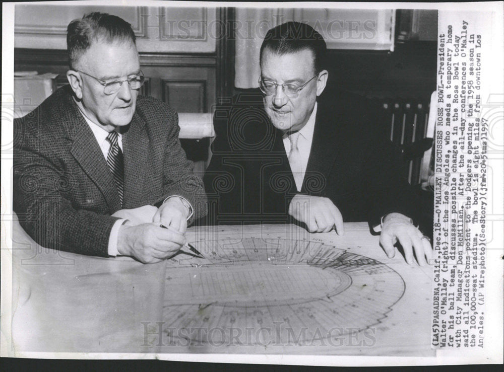 1957 Press Photo President Walter O&#39;Malley Los Angeles City Manager Don McMillan - Historic Images