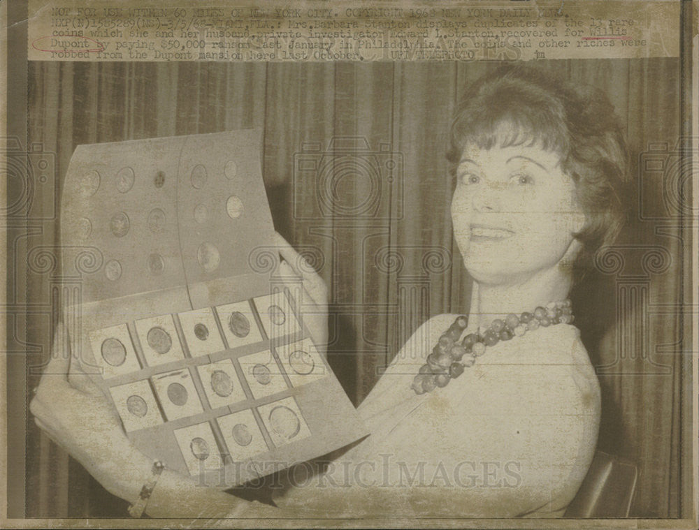 1968 Press Photo Mrs. Barbara Stantoan Displays Duplicates on the Coins - Historic Images