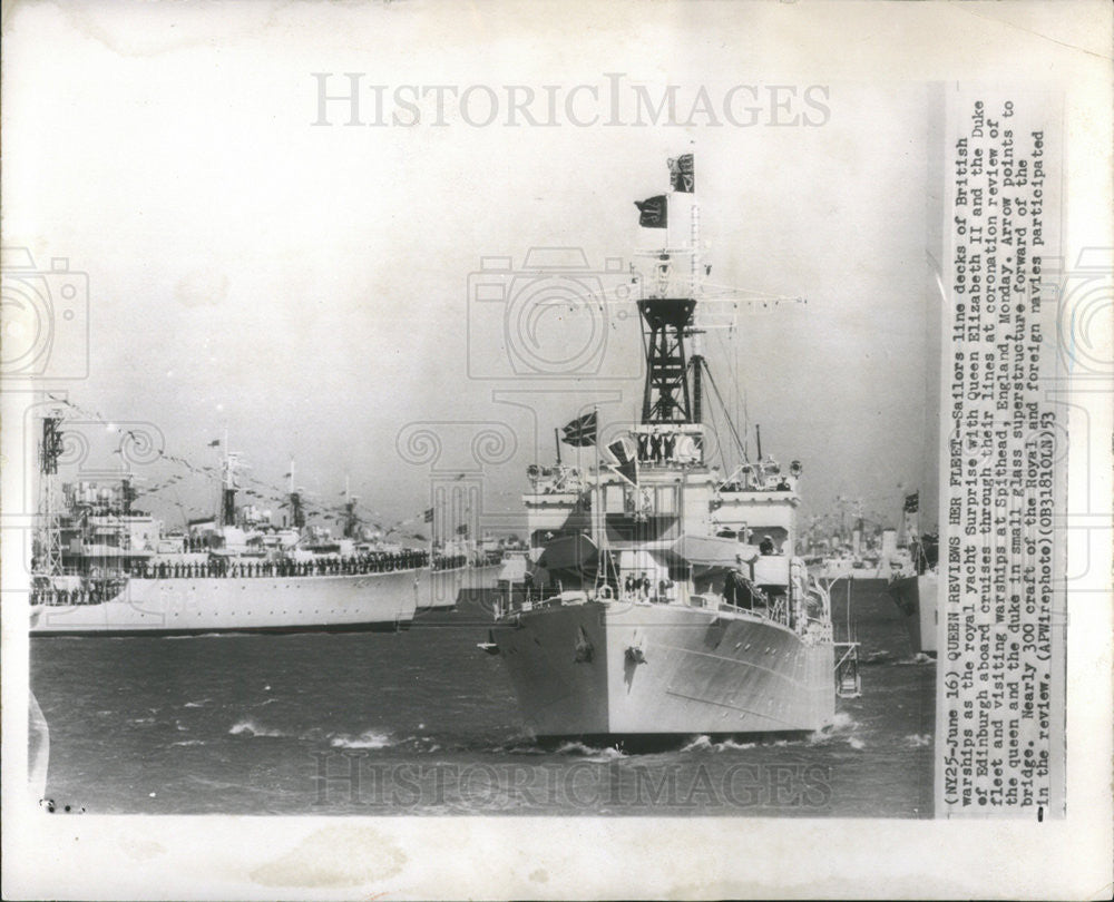 1953 Press Photo Queen Elizabeth &amp; Duke of Edinburgh Inspect Royal Fleet - Historic Images