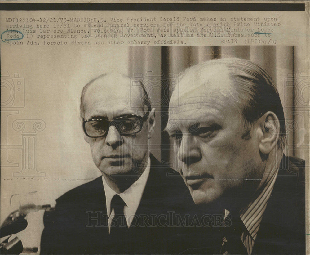 1973 Press Photo Lopez Rodo Spanish Foreign Minister welcomes US Vice Pres. - Historic Images