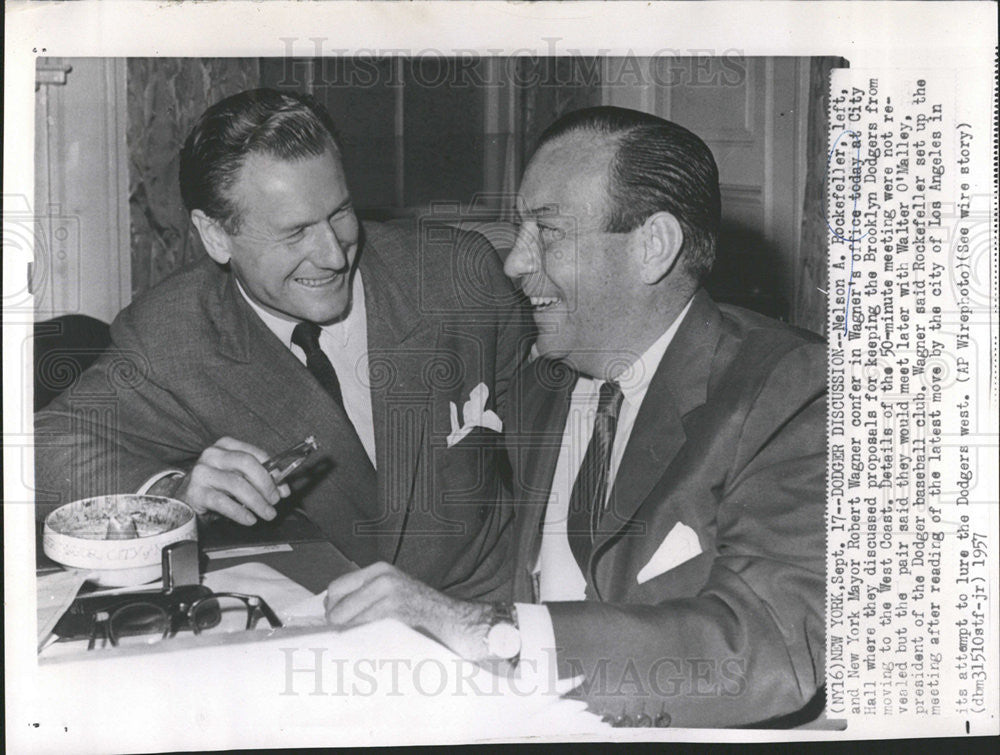 1957 Press Photo Dodger discussion by Gov. Rockefeller and Mayor Robert Wagner. - Historic Images