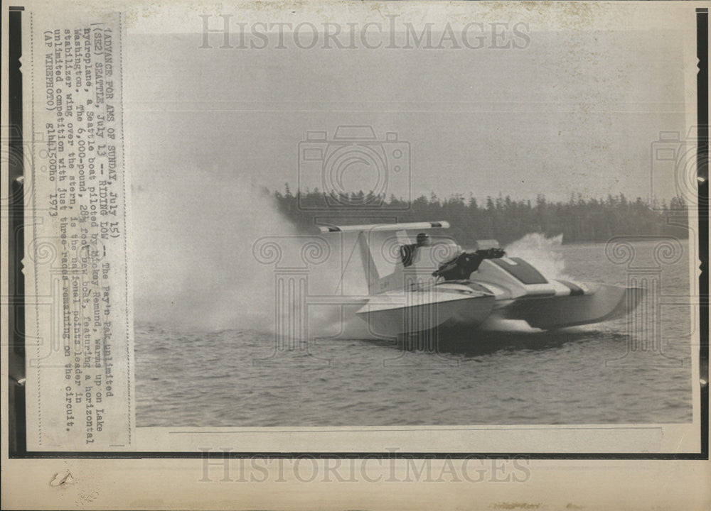 1973 Press Photo the Pay&#39;s Pak Unlimited Hydropiane, Seattle Boat Piloted - Historic Images