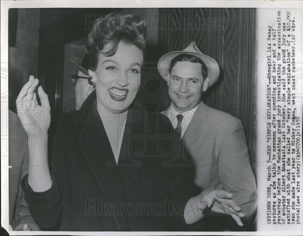 1958 Press Photo Liz Renay Appeared before Grand Jury Investigating Anastasia - Historic Images