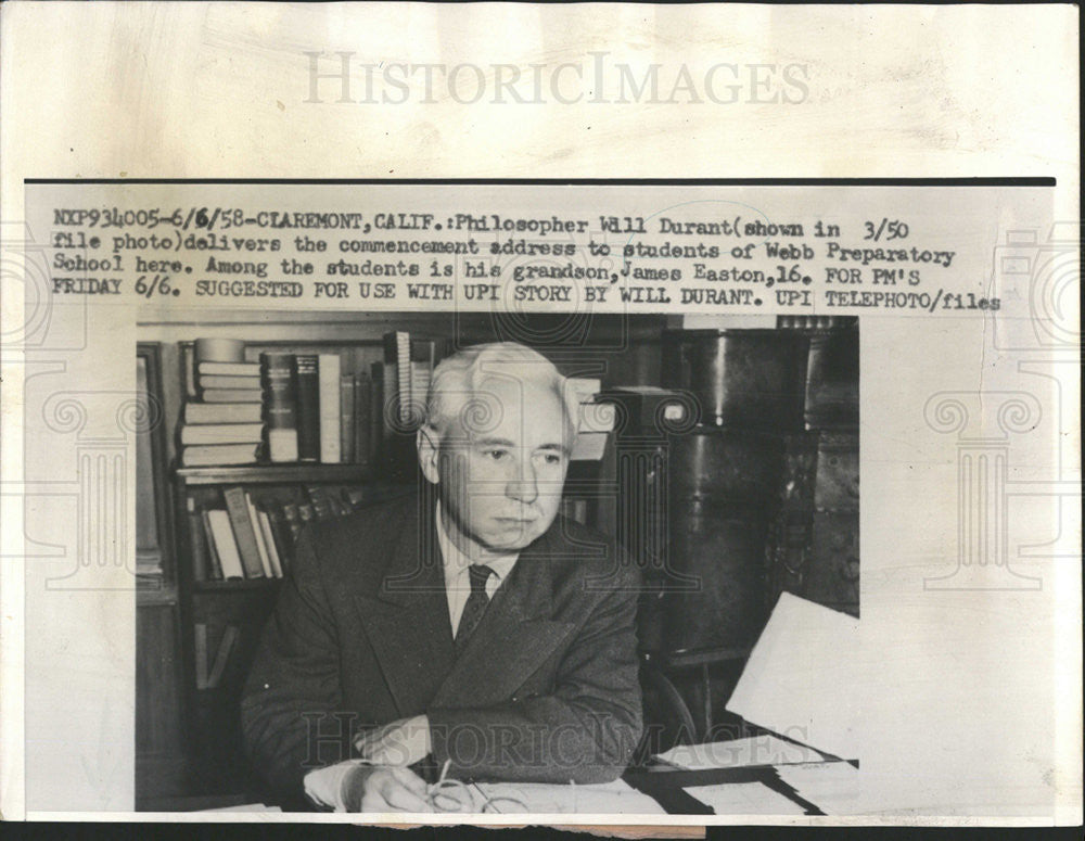 1958 Press Photo Philosopher Will Durant at Webb Prep School - Historic Images