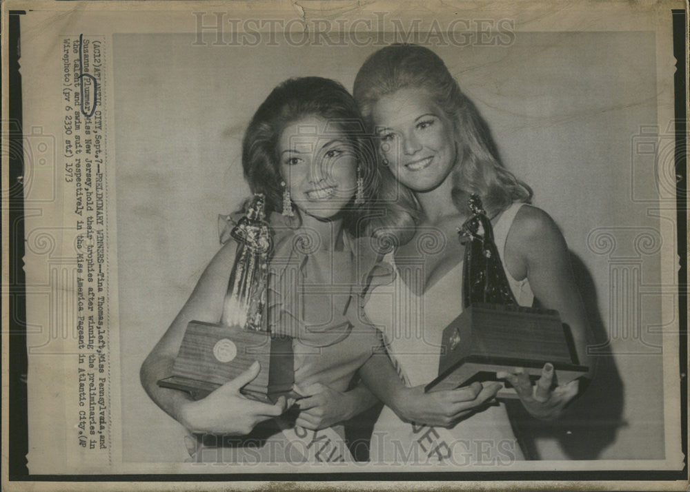 1973 Press Photo Tina Thomas, left Miss Pennsylvania &amp; Susanne Plummer Miss NJ - Historic Images