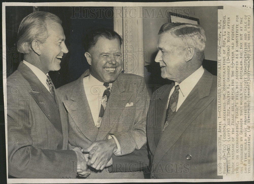 1949 Press Photo Rep.W.R.Poage receives congratulations from Reps.Mendel&amp;Granger - Historic Images