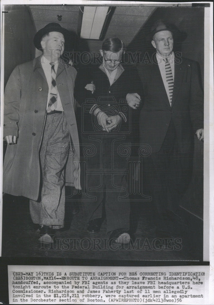 1956 Press Photo Thomas Francis Richardson Under Arrest Robbery Suspect Boston - Historic Images