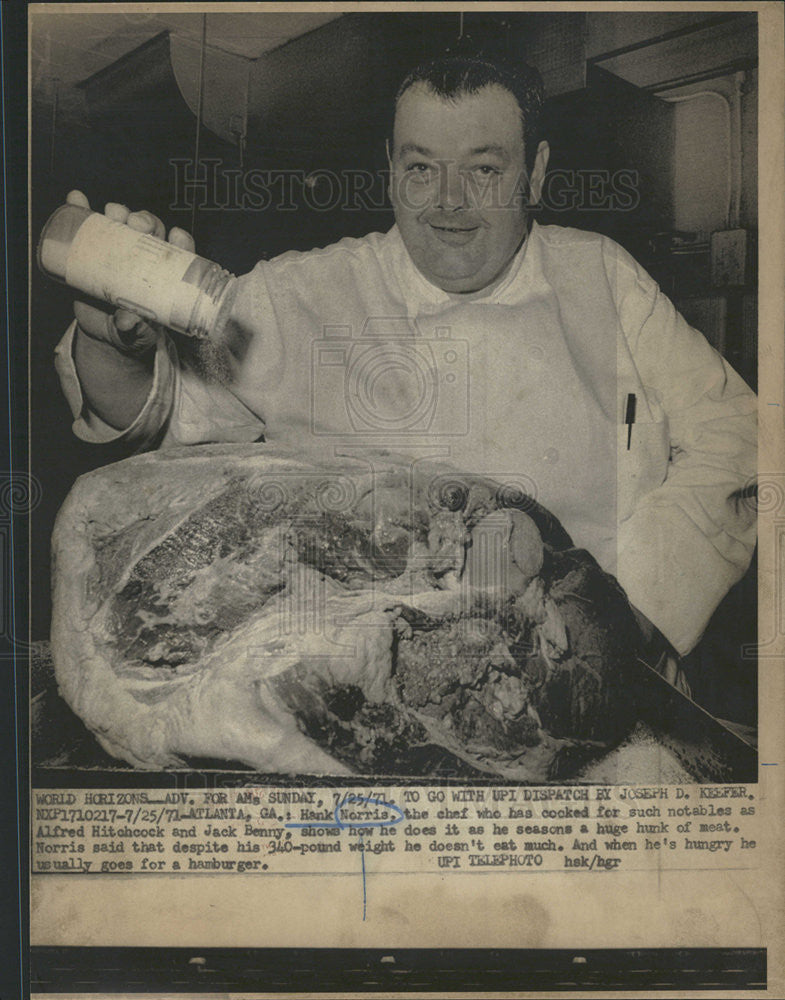 1971 Press Photo Hank Norris Chef Who Cook For Notables Seasons Huge Hunk Meat - Historic Images