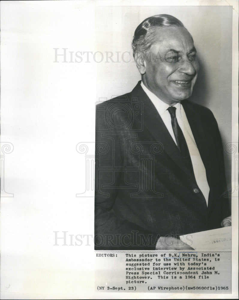 1965 Press Photo BK Nehru, India's Ambassador to the United States - Historic Images