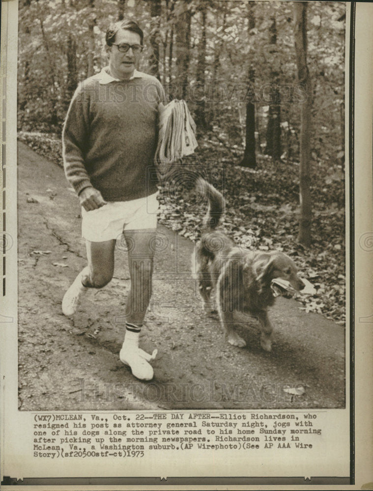 1973 Press Photo Former Attorney General Elliot Lee Richardson &amp; Pet Dog Walking - Historic Images