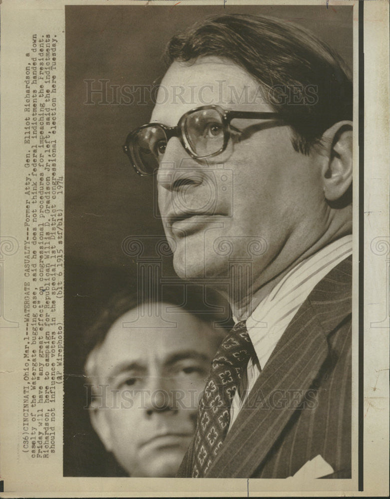 1974 Press Photo Former Attorney General Elliot Richardson, Watergate Bugging - Historic Images