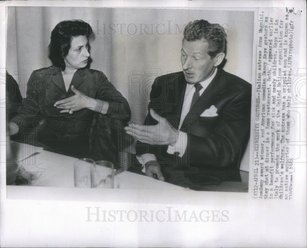 1956 Press Photo Anna Manani and Danny Kaye at an awards dinner. - Historic Images