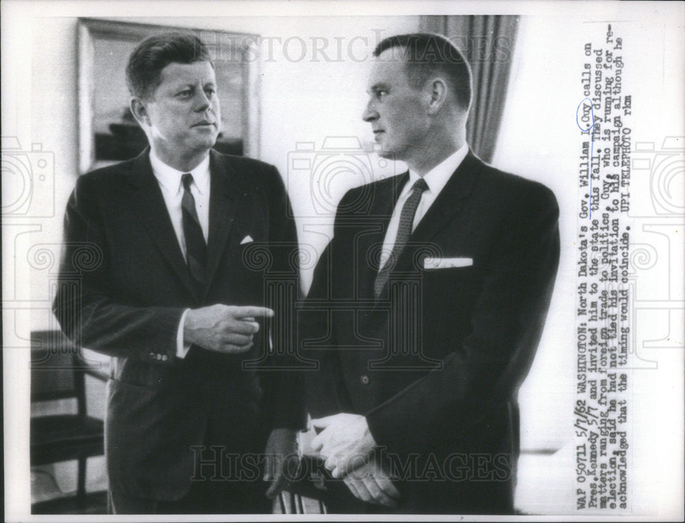 1962 Press Photo William Lewis Guy US Governor North Dakota President Kennedy - Historic Images