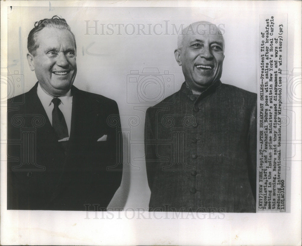 1960 Press Photo Yugoslavian President Tito &amp; Prime Minister Jawaharlal Nehru - Historic Images