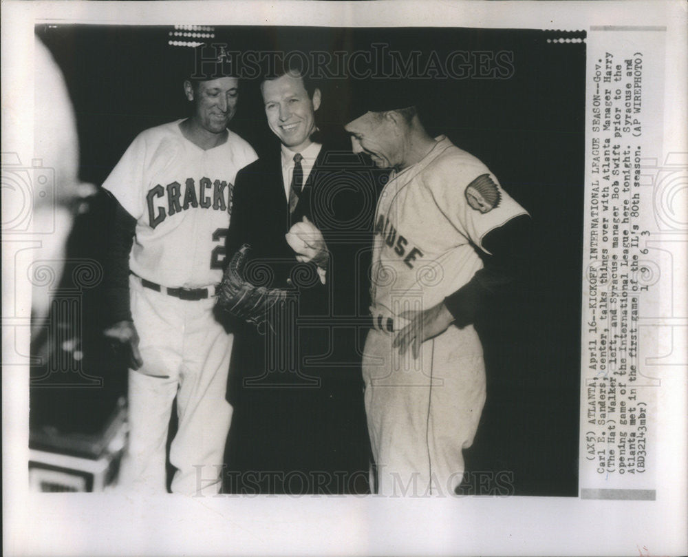 1963 Press Photo Carl Edward Sanders Sr American politician with Baseball player - Historic Images