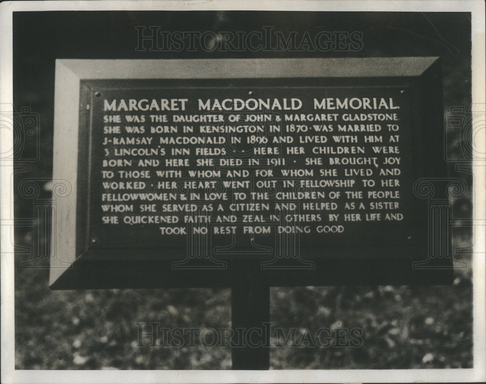 1929 Press Photo of memorial to Margaret MacDonald, wife of PM Ramsay Mac Donald - Historic Images