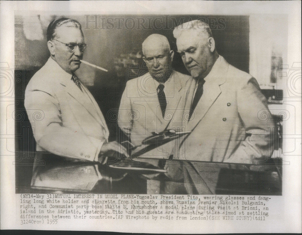 1955 Press Photo President Tito, Premier Nikolai Bulganin, and N Khrushchev - Historic Images