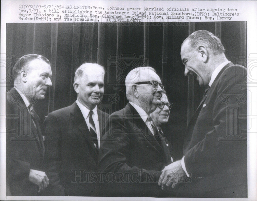 1965 Press Photo May Ted McKeldin,RepCarence Long,Gov M Tawes&amp; pres Johnson - Historic Images