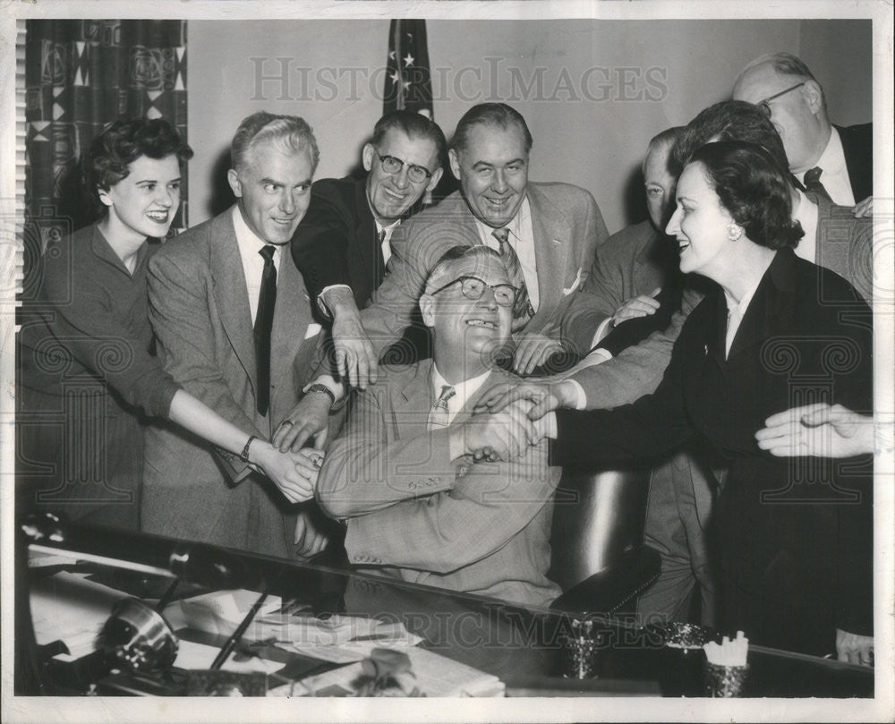 1956 Press Photo Herbert C. Paschen is Congratulated by Some of his Employees - Historic Images