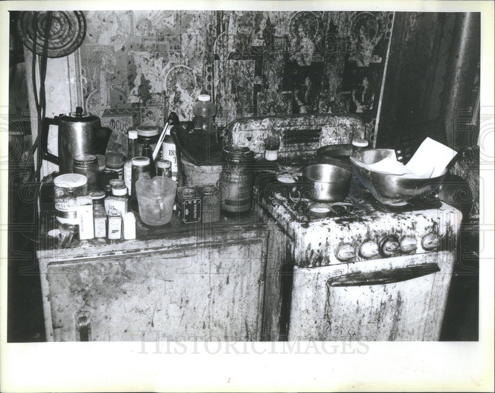 1986 Press Photo Greesy Dust and Basket on Scam But No Real Food in Apartment - Historic Images