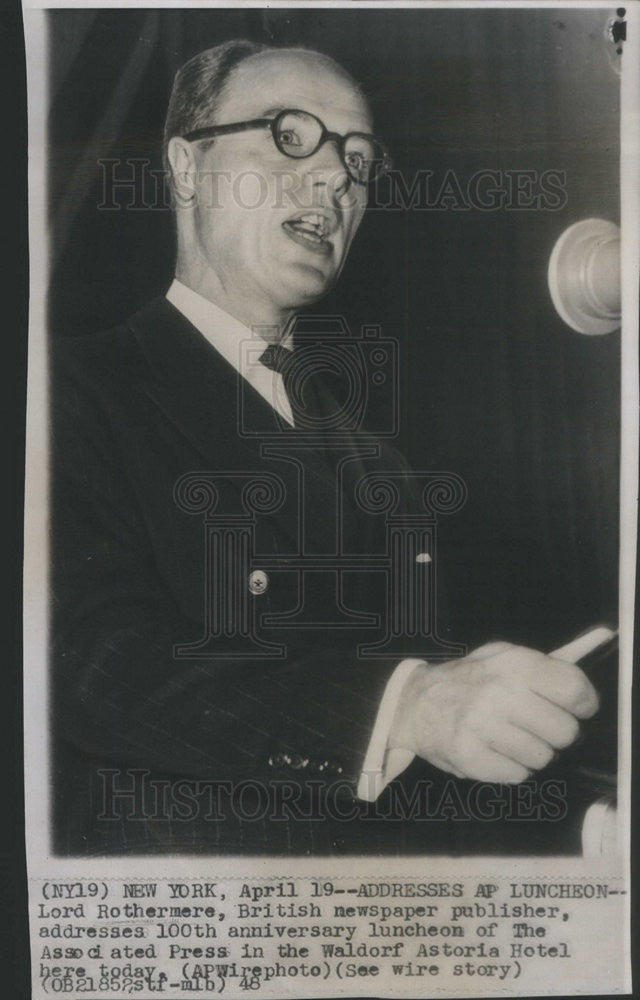 1948 Press Photo Lord Rothermere, British newspaper publisher address luncheon - Historic Images